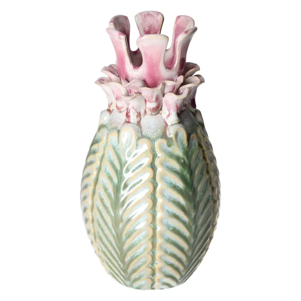 Colorful stoneware vase with intricate green leaf patterns and pink floral top, showcasing artistic elegance and luxury craftsmanship.
