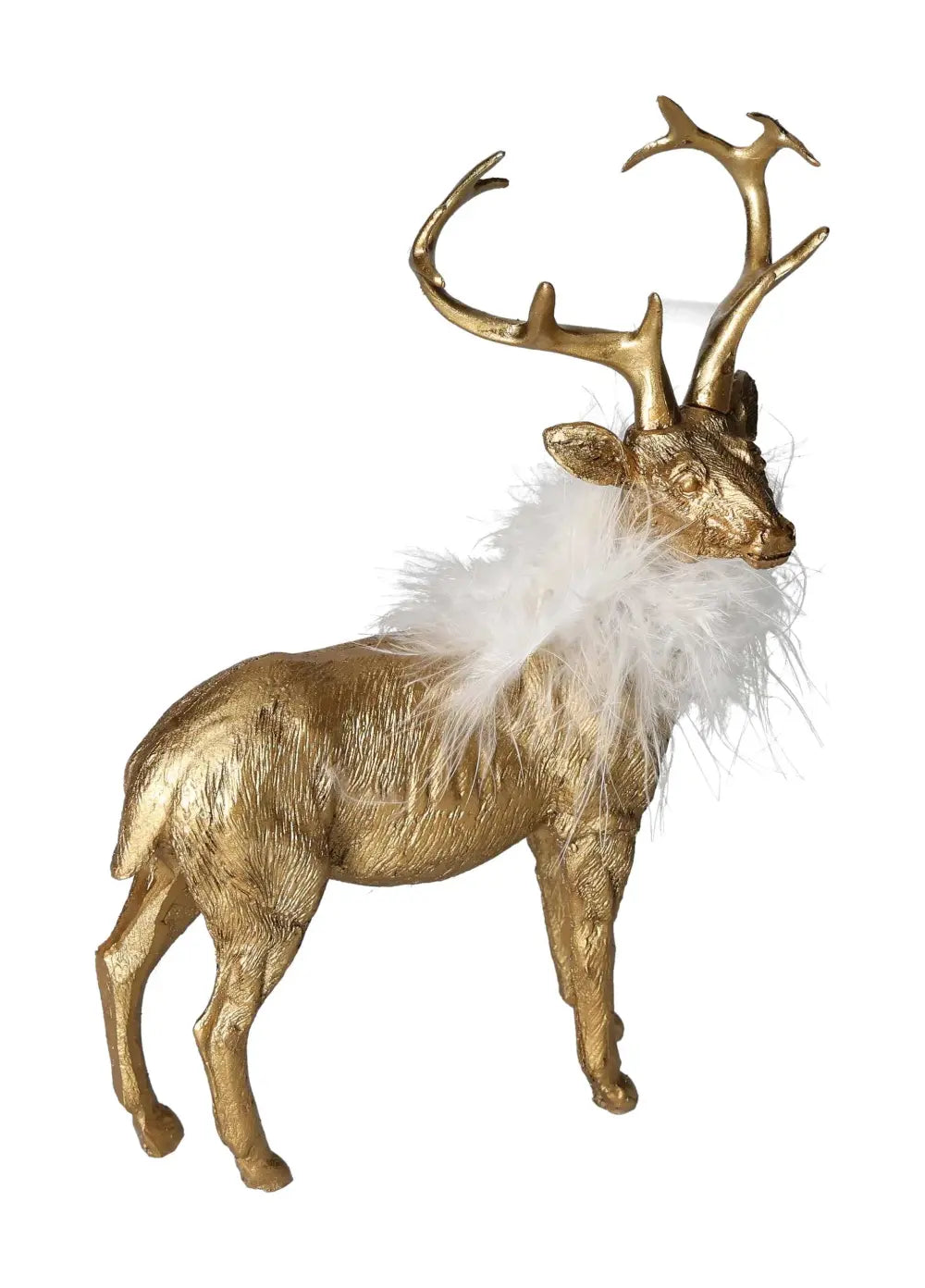 Elegant poly gold deer statue with feather accent, exemplifying luxury and artistry from Sylvia Crystals.