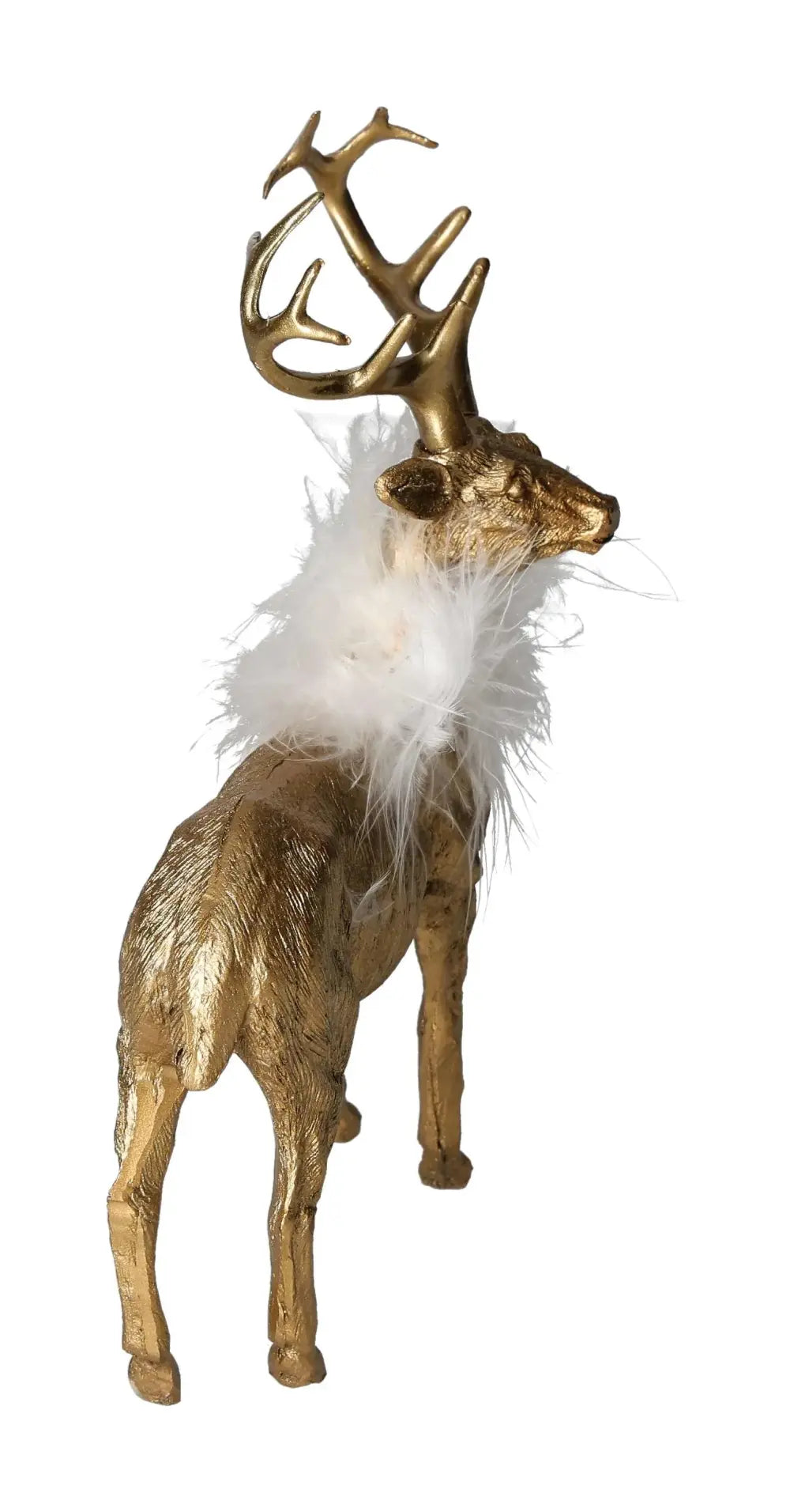 Deer sculpture in poly gold with feathers, by Sylvia Crystals, showcasing luxury and elegant design.