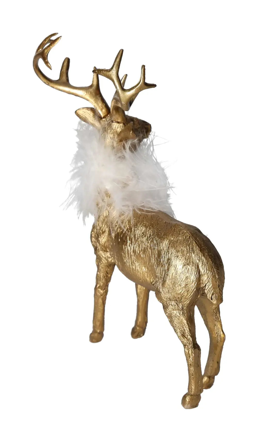 Elegant poly resin gold deer statue by Sylvia Crystals with luxurious detailing and white feather accent, symbolizing conscious luxury living.