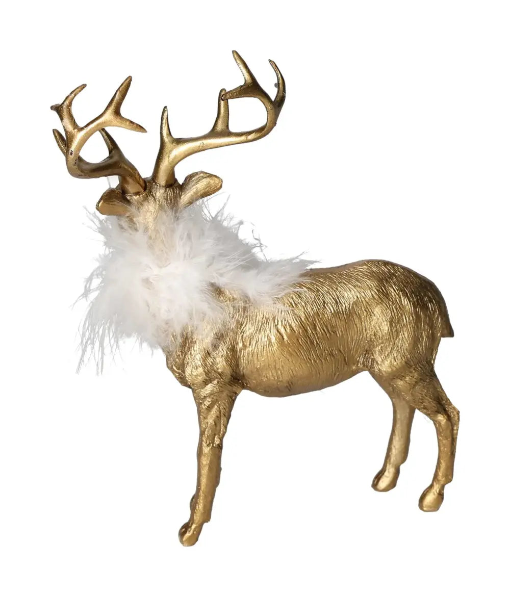 Elegant gold poly deer ornament with antlers and feathered mane, embodying luxury and refined elegance by Sylvia Crystals.