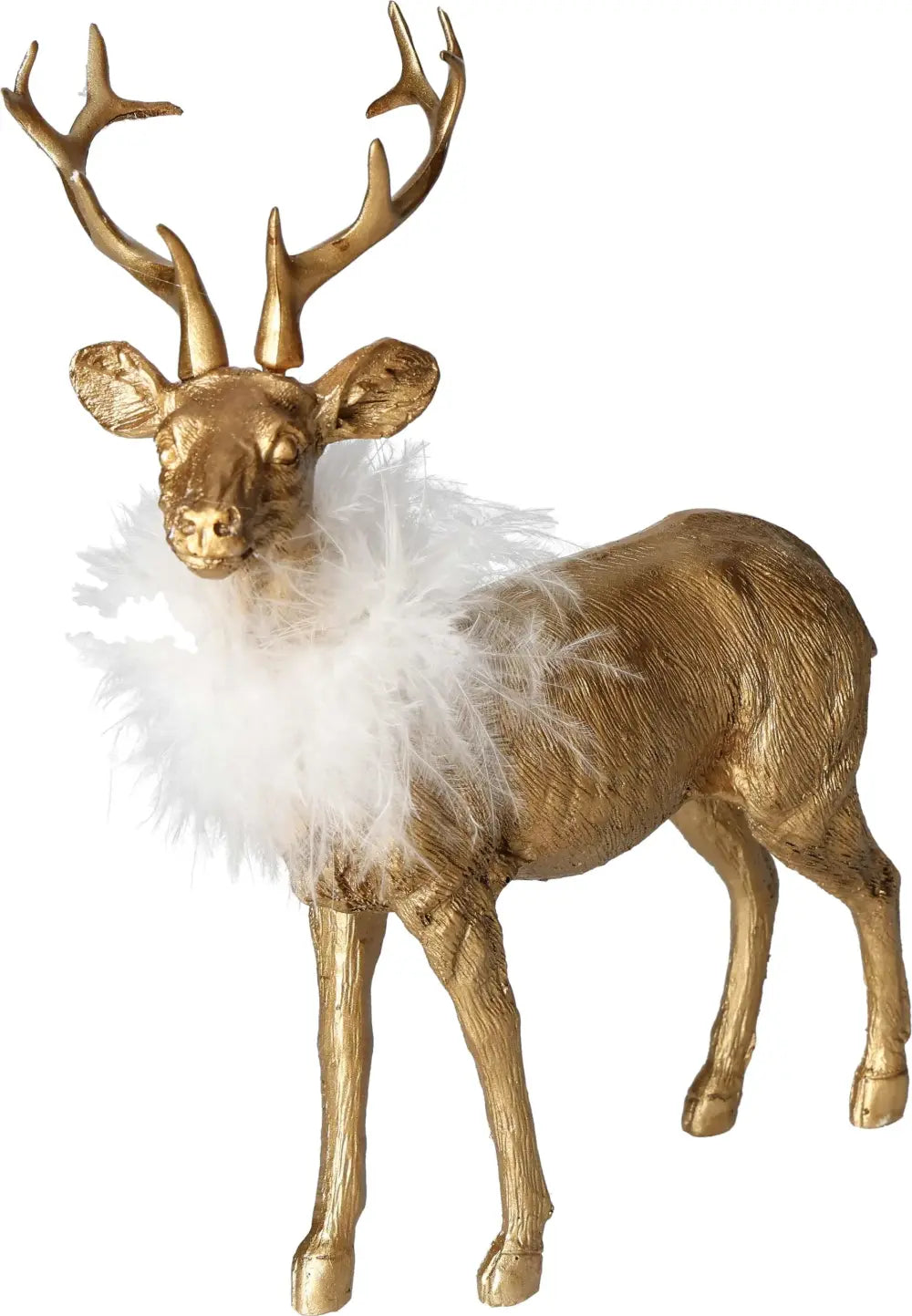 Golden polyresin deer figurine with white feather collar, elegant holiday home decoration, gold antlers and textured body