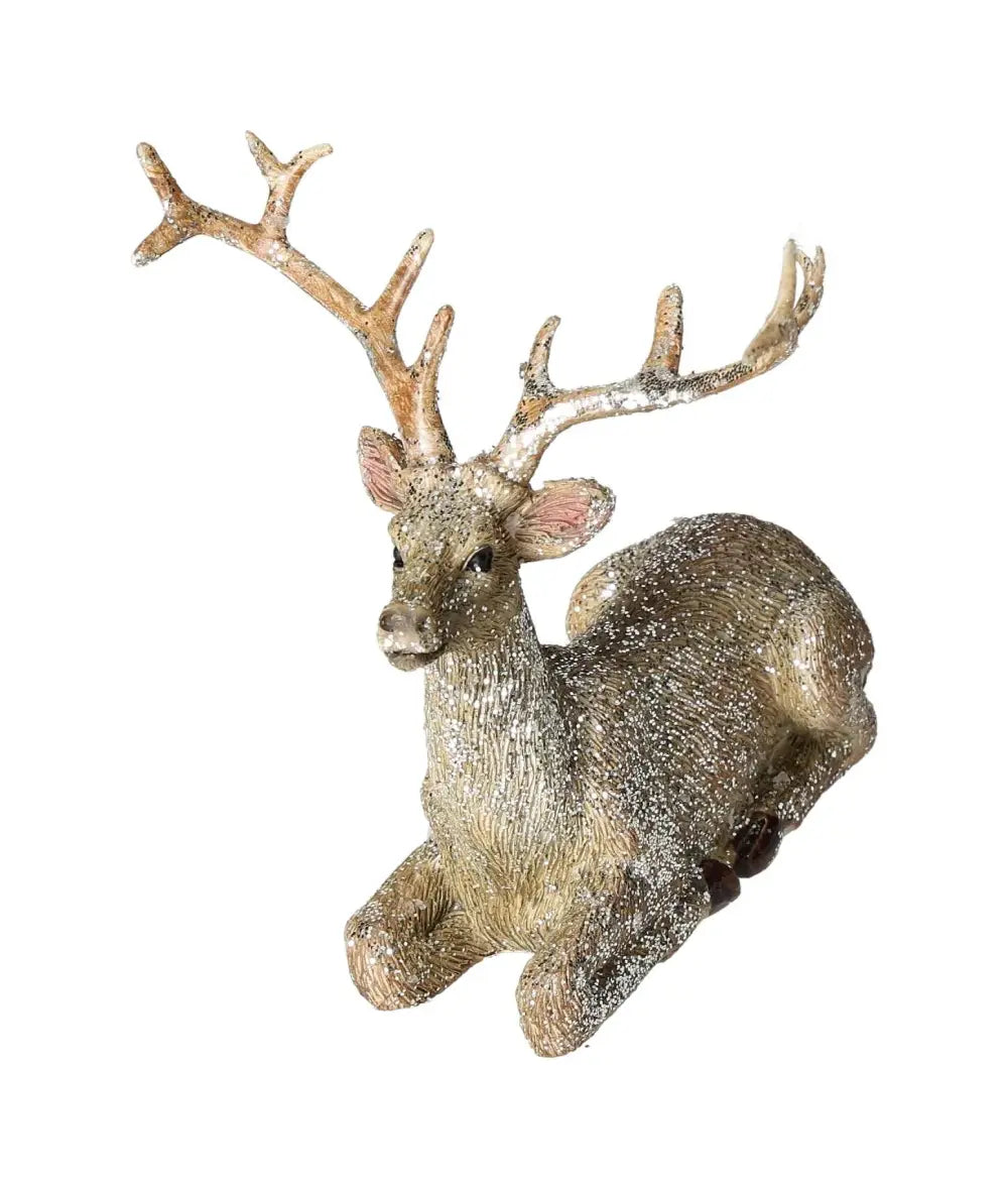 Decorative poly champagne deer figurine with glitter, showcasing elegance and luxury, designed by Sylvia Crystals.