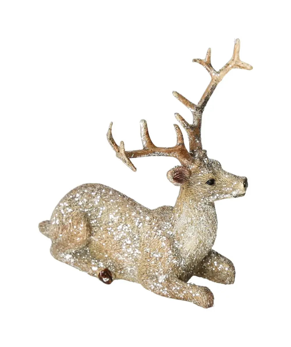 Elegantly crafted glitter deer ornament by Sylvia Crystals, featuring champagne poly material and refined luxury design.