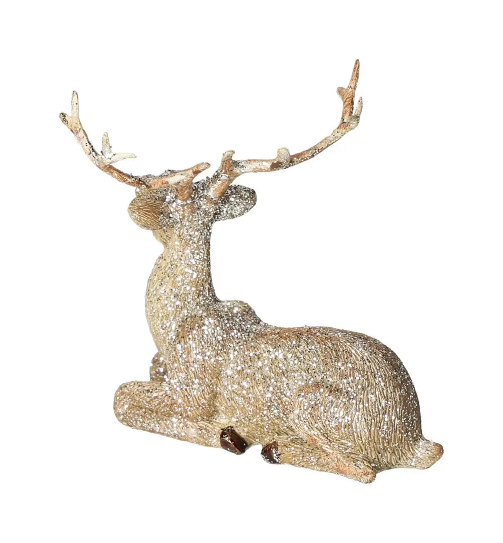 Elegant glittering polyresin deer sculpture in champagne, from Sylvia Crystals, showcasing luxury craftsmanship and design.