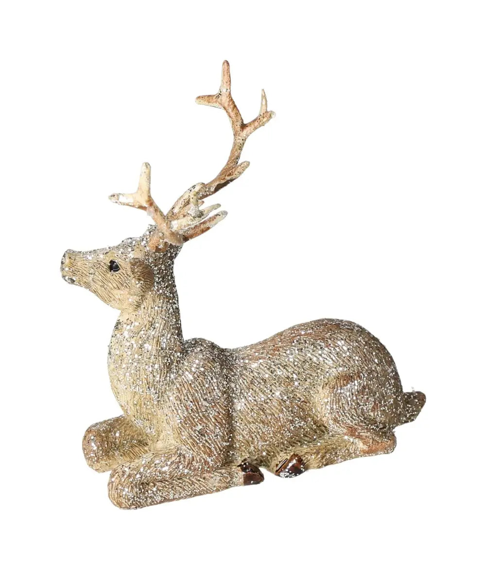 Elegant poly resin deer with champagne glitter, Sylvia Crystals sculpture, showcasing luxury craftsmanship and shimmering design.