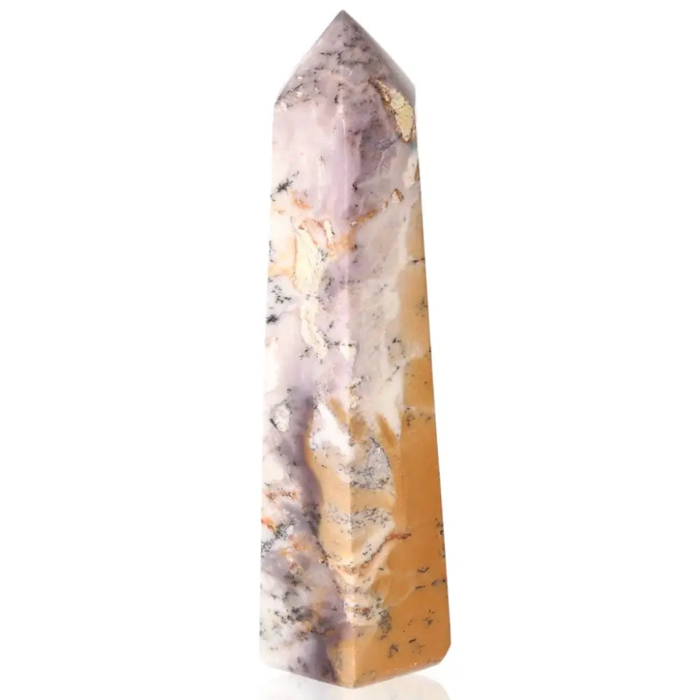 Dendritic Agate Tower with tree-like inclusions, evoking serene landscapes, known as Tree Agate, natural chalcedony crystal.