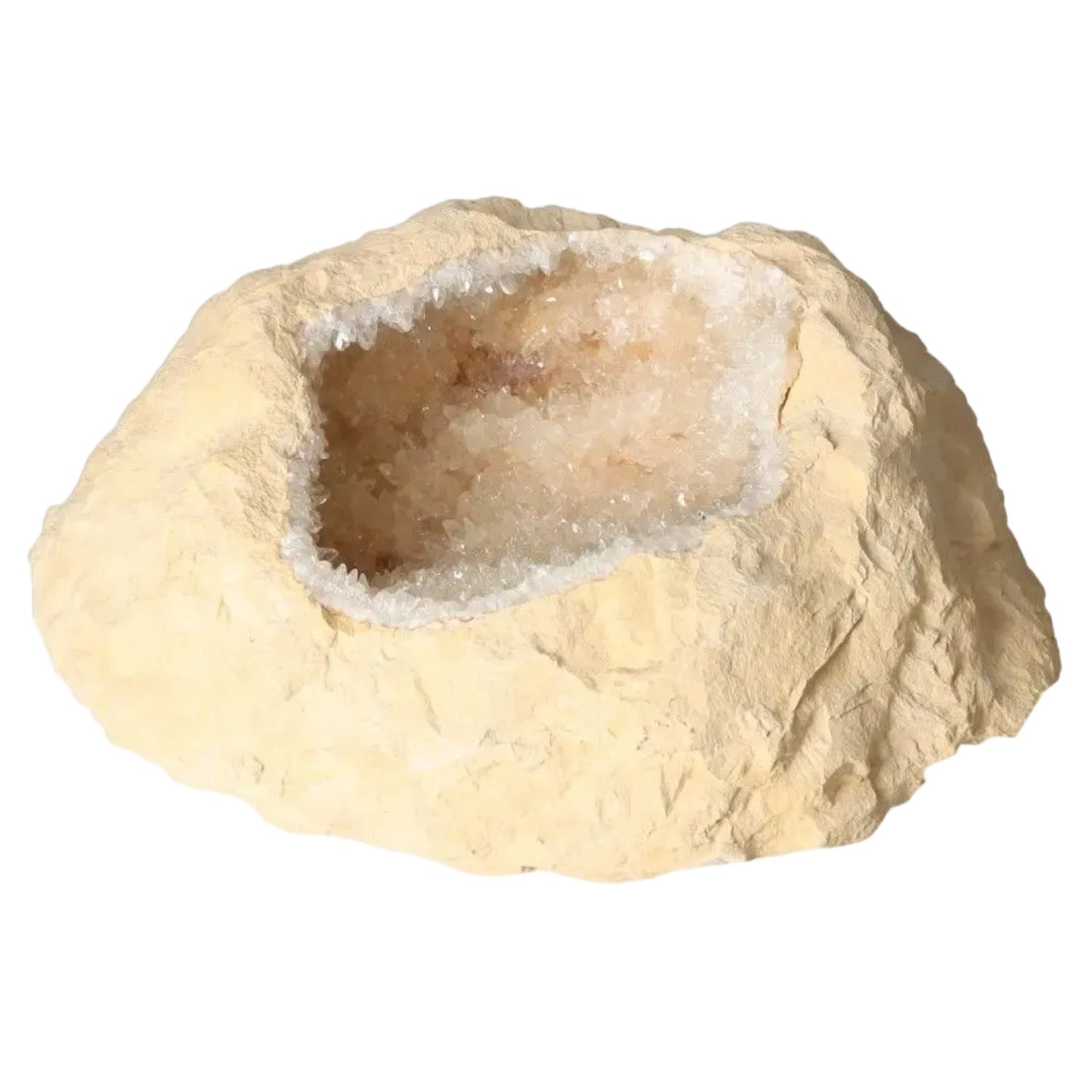 Dogtooth Calcite Geode XXL showcasing sharp calcite crystals inside, ideal for energy amplification and spiritual growth.