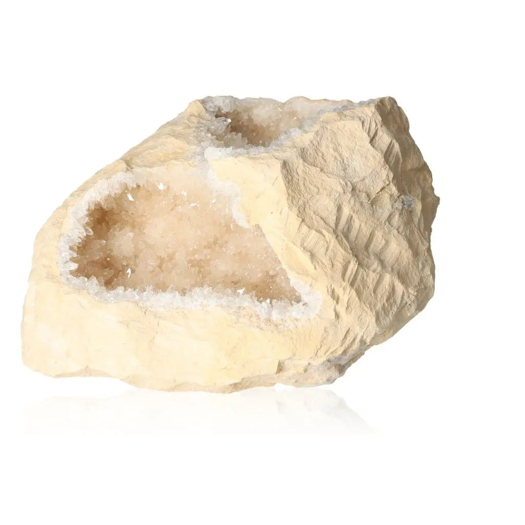 Dogtooth Calcite Geode XXL with sharp calcite crystals, ideal for energy amplification and spiritual growth in a serene setting.