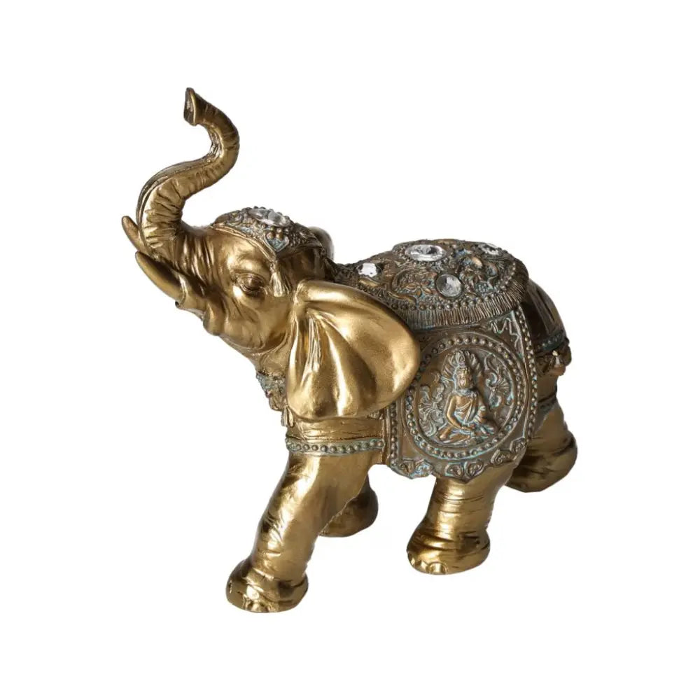 Golden elephant home decor figure with intricate detailing and crystal accents, symbolizing wisdom and luxury.