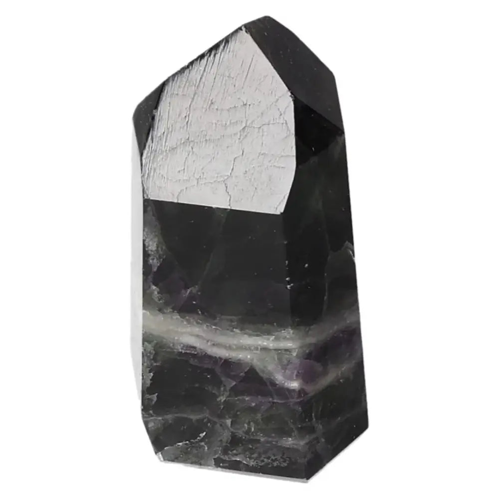 Fluorite point crystal with vibrant green and purple bands, promoting focus, clarity, and energy flow.