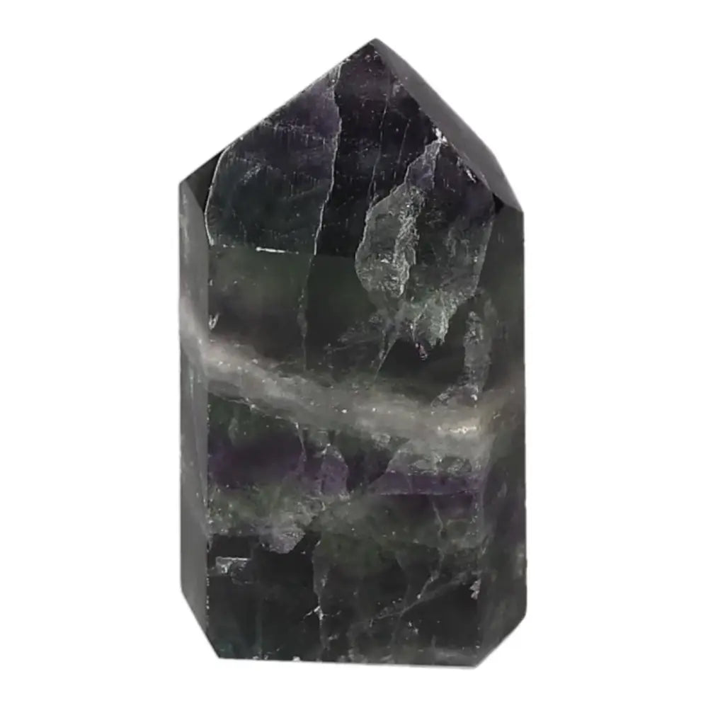 Polished Fluorite point crystal with vibrant green and purple bands for focus, clarity, and energy flow enhancement.