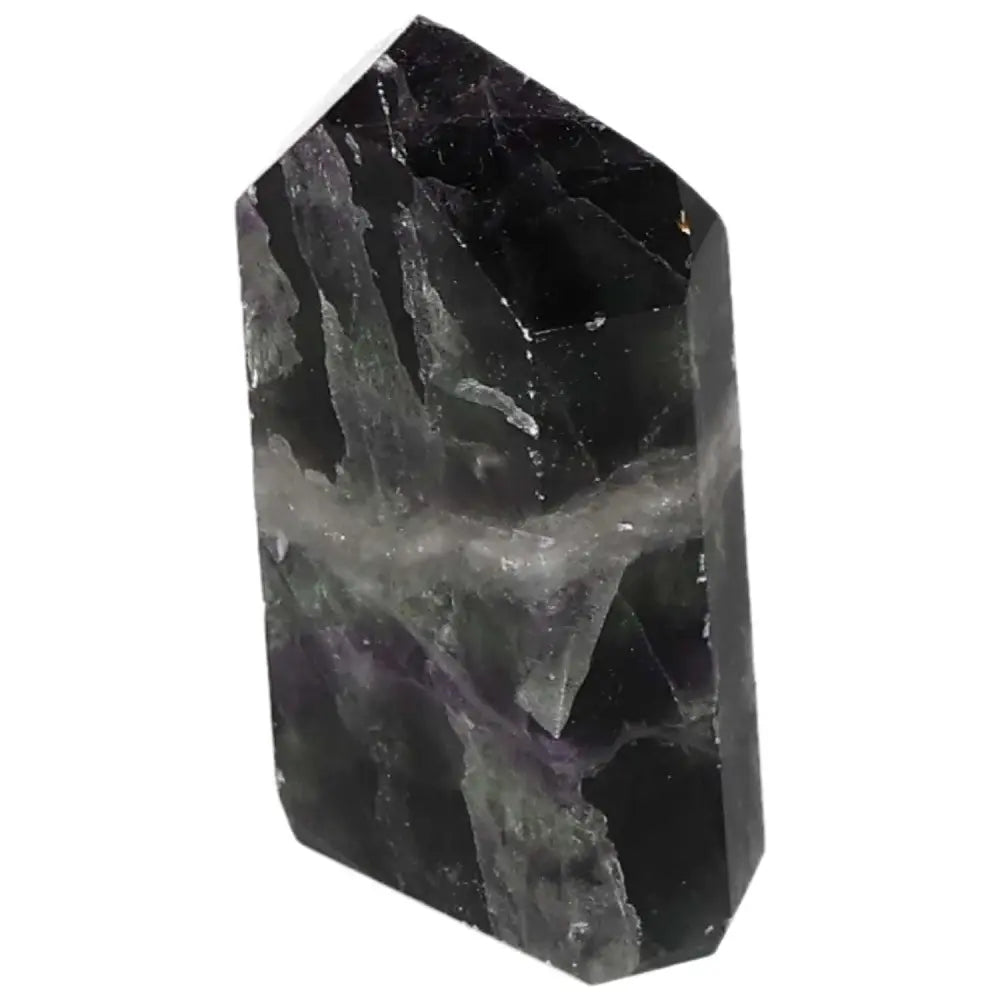 Polished Fluorite point crystal for enhanced focus, clarity, and energy flow with vibrant green and purple bands.