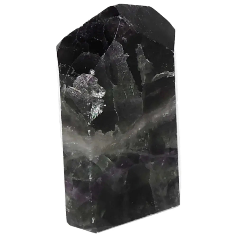 Polished fluorite point crystal for focus, mental clarity, and energy flow with green to purple bands.