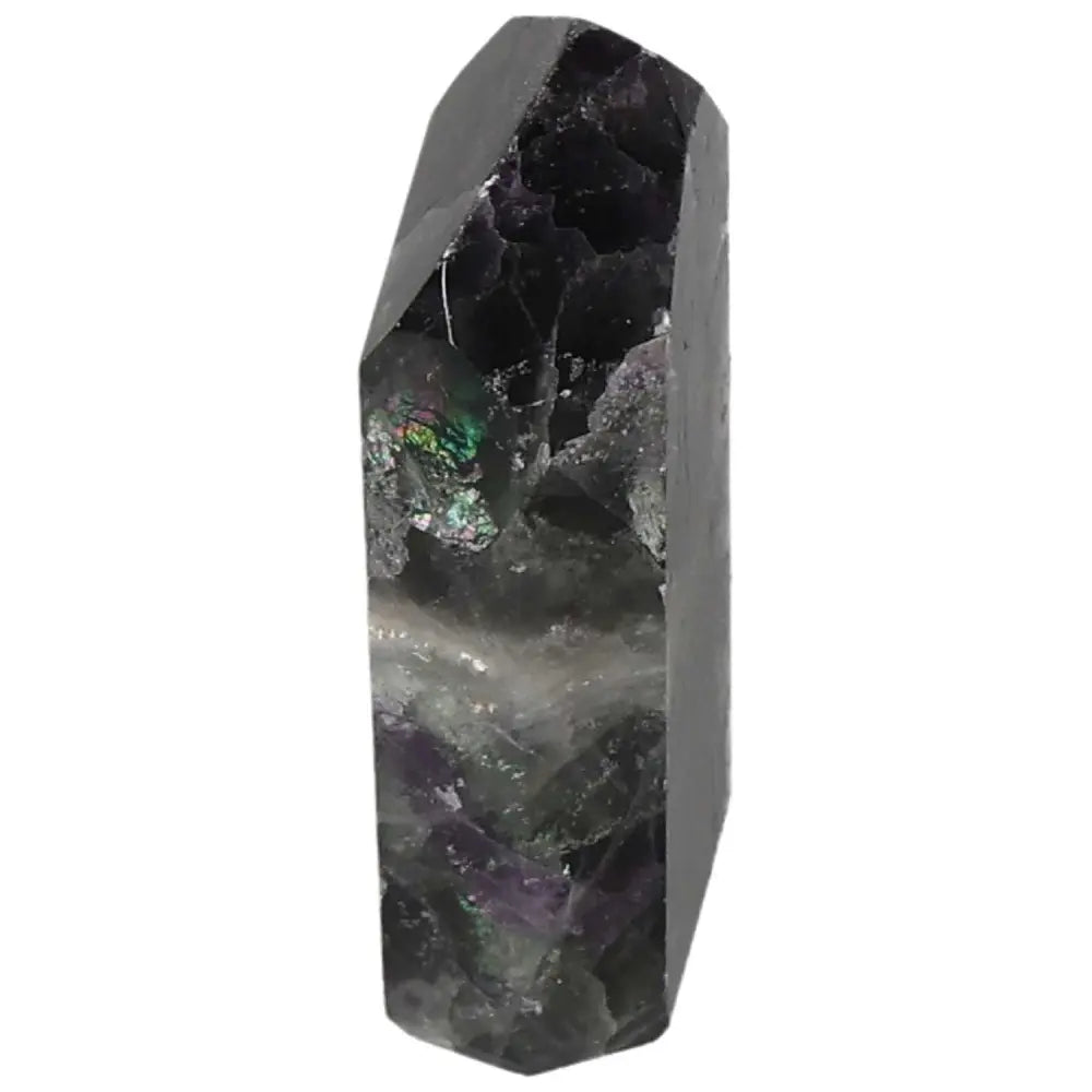 Vibrant green and purple Fluorite point for focus, clarity, and energy flow enhancement, perfect for spiritual awareness and stress reduction.