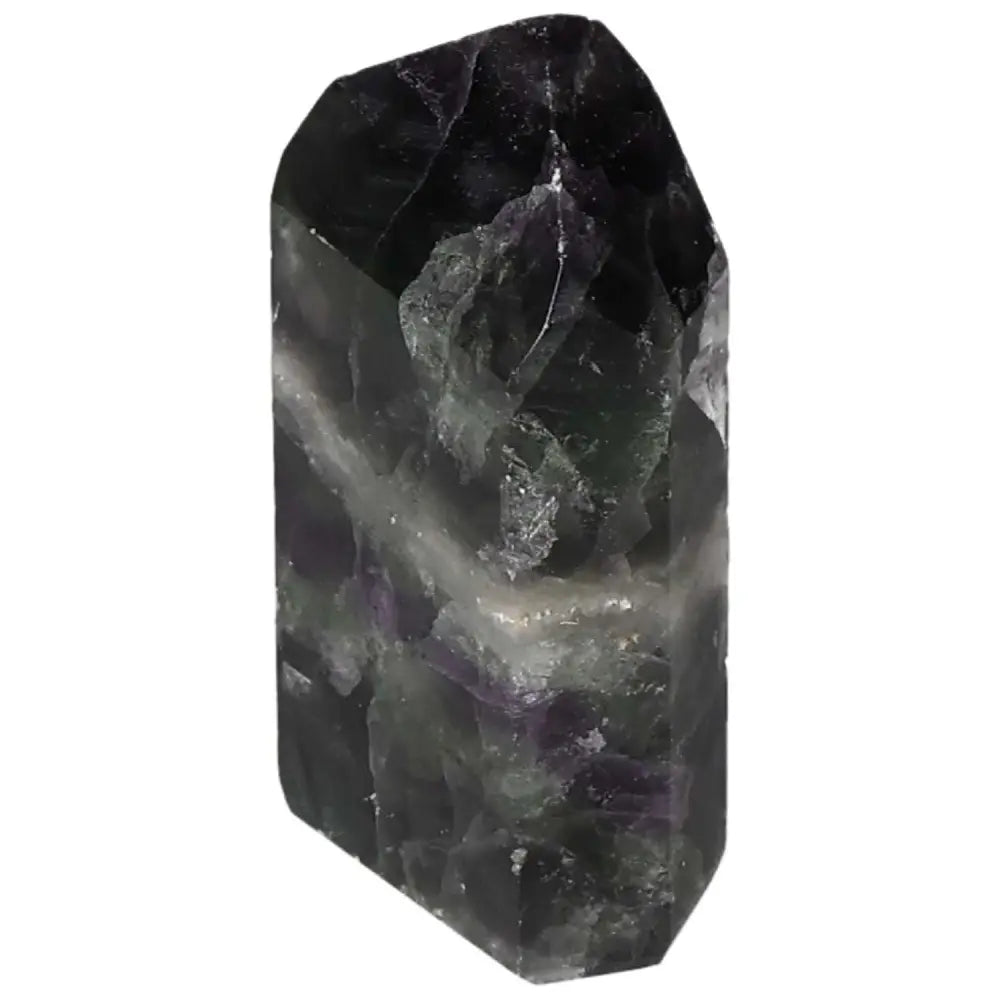 Polished Fluorite point crystal for focus, mental clarity, and energy flow with vibrant green and purple bands.