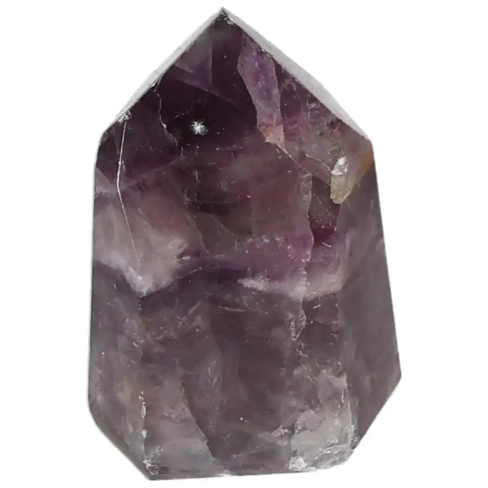 Vibrant Fluorite point crystal enhancing focus, clarity, and energy flow with purple bands for mental clarity and stress reduction.
