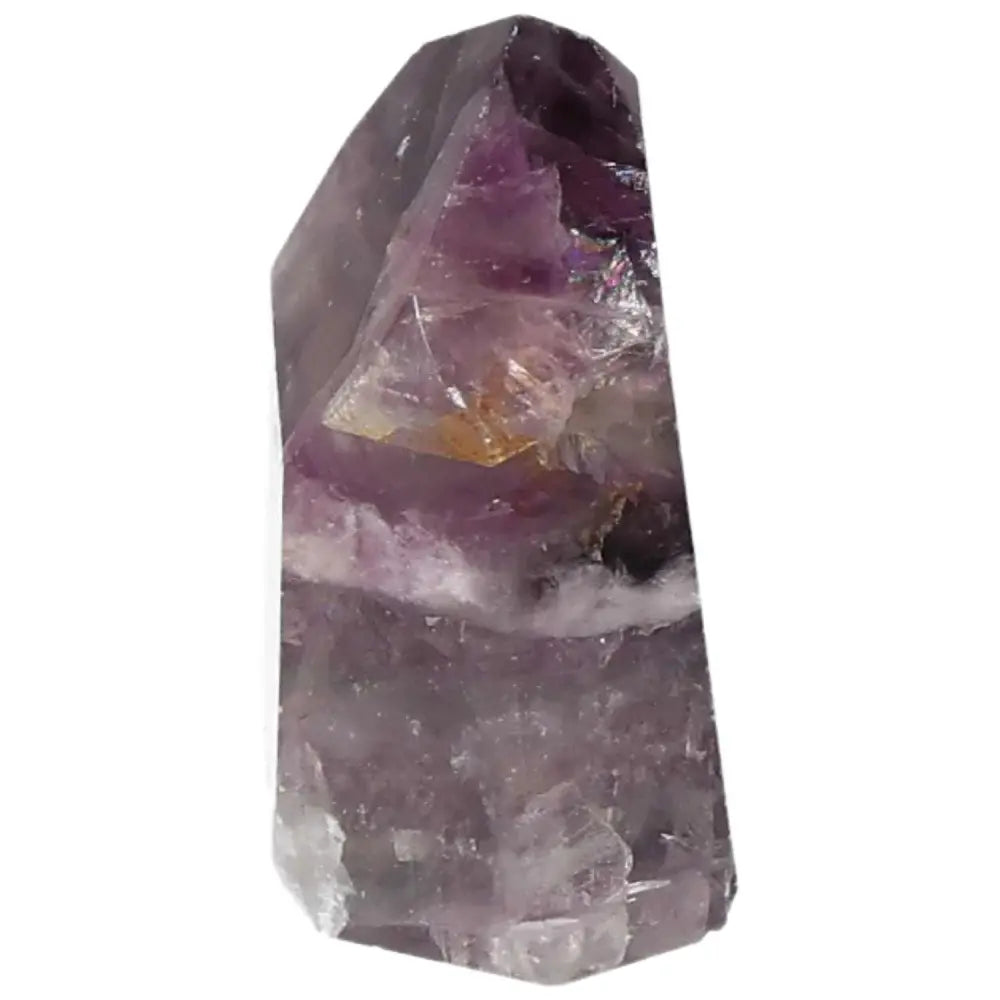 Polished Fluorite point crystal for mental clarity and energy flow with vibrant green and purple bands.