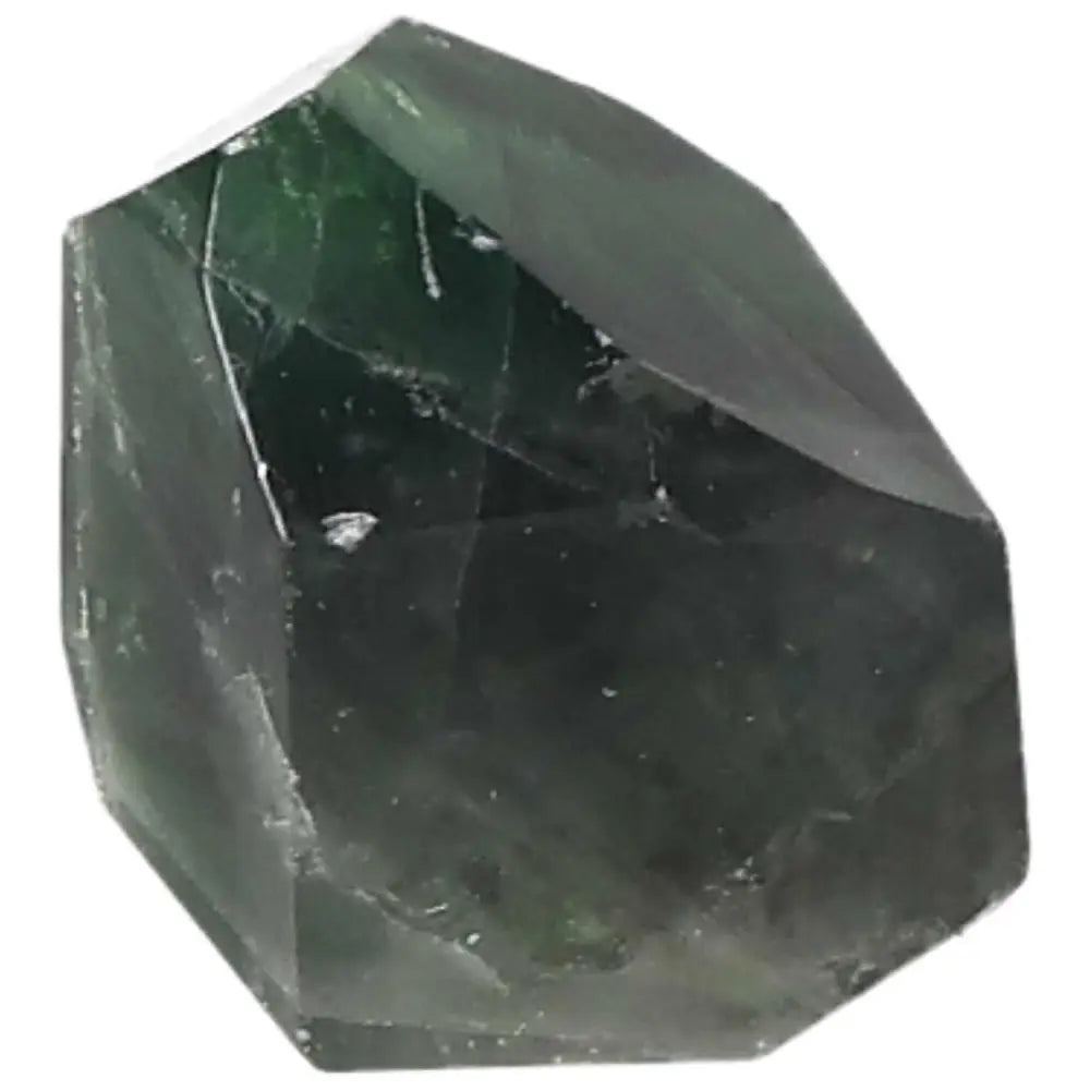 Polished fluorite point crystal with green and purple hues, promoting focus, mental clarity, and energy flow.