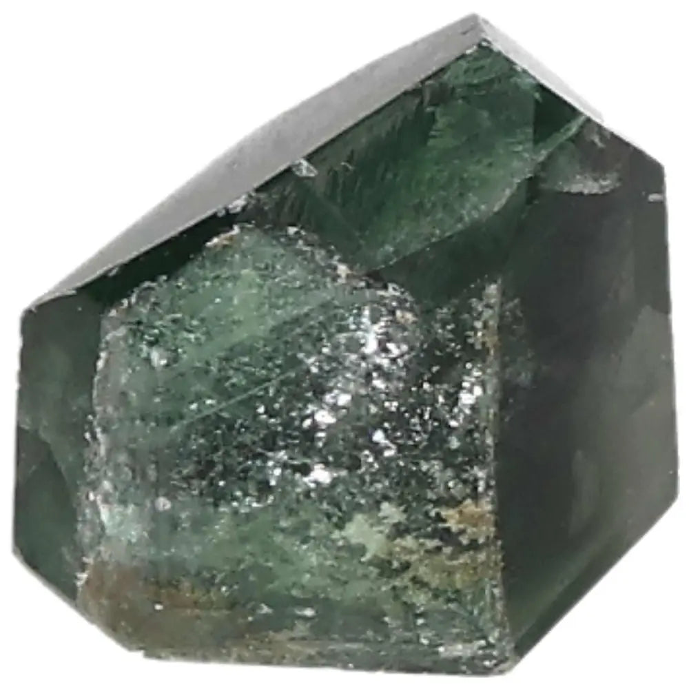 Green Fluorite Point crystal for mental clarity and energy flow, enhances focus with vibrant color bands, polished and energetic.
