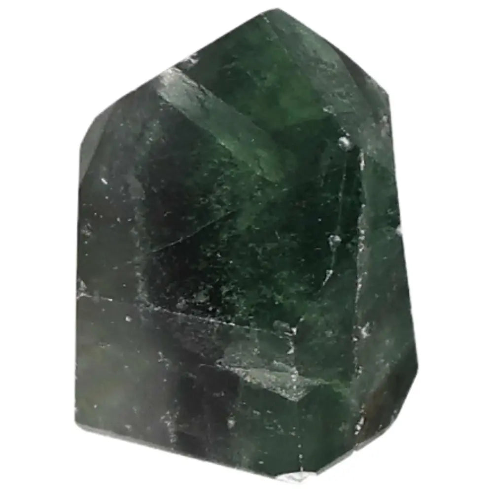 Polished green Fluorite point crystal for focus and energy flow, promoting mental clarity and stress reduction.