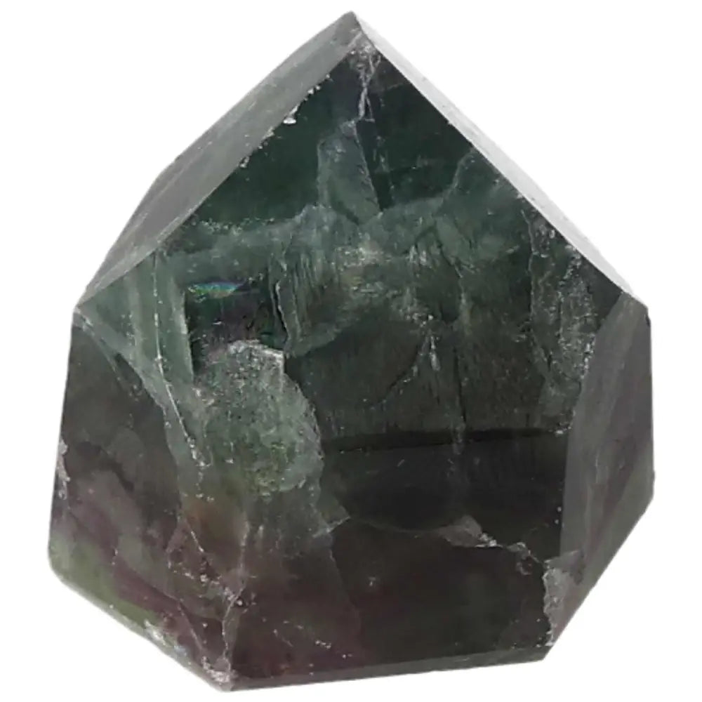 Polished Fluorite point crystal with vibrant green and purple bands for focus, clarity, and energy flow enhancement.
