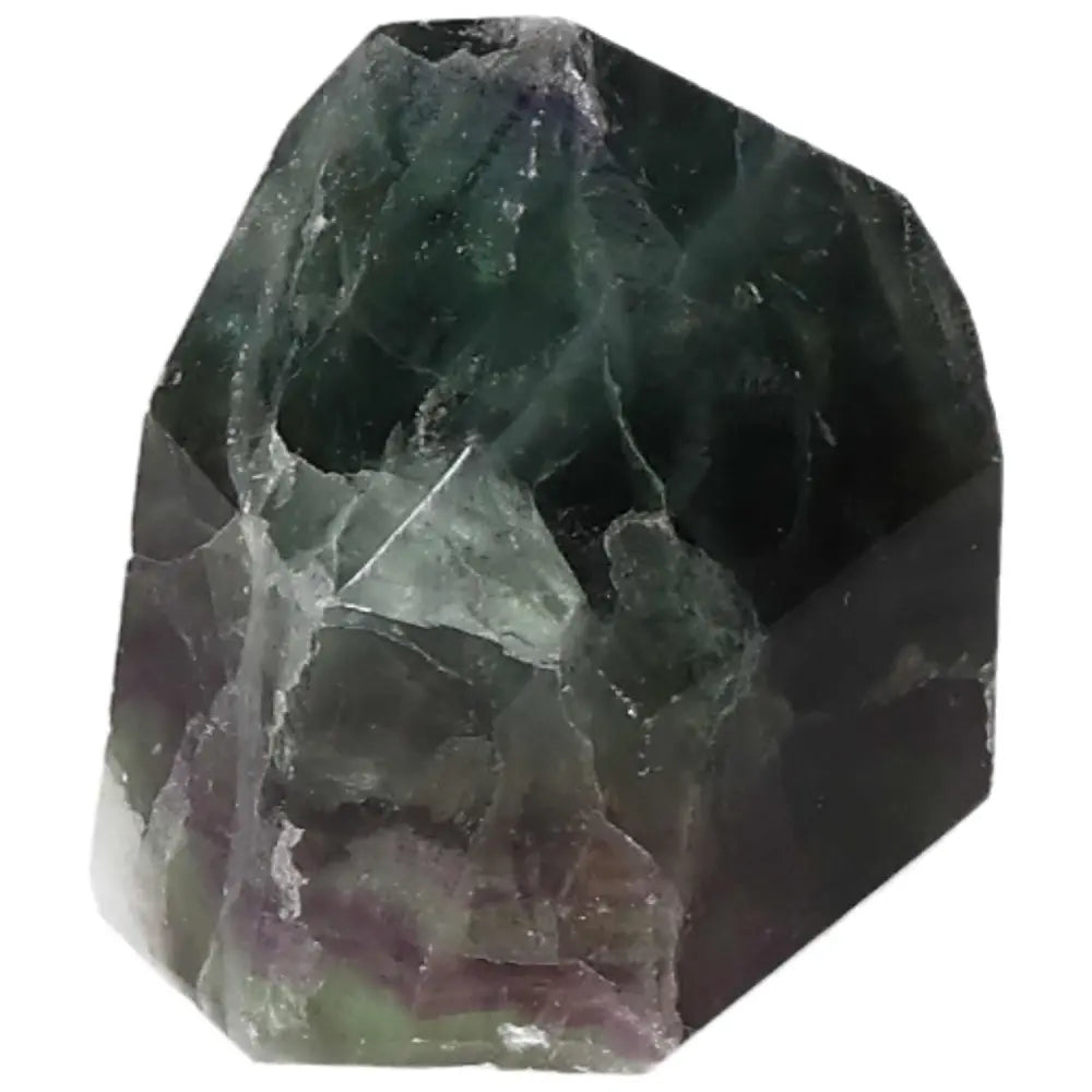 Colorful polished fluorite point for focus and clarity, showcasing vibrant green and purple bands, directs energy with purpose.