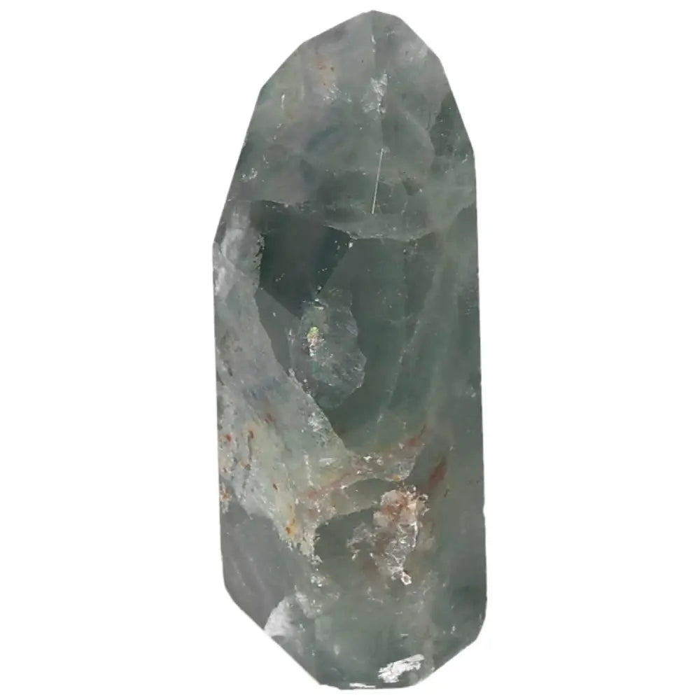 Fluorite point crystal for mental clarity, focus, and energy flow, featuring vibrant green to purple bands.