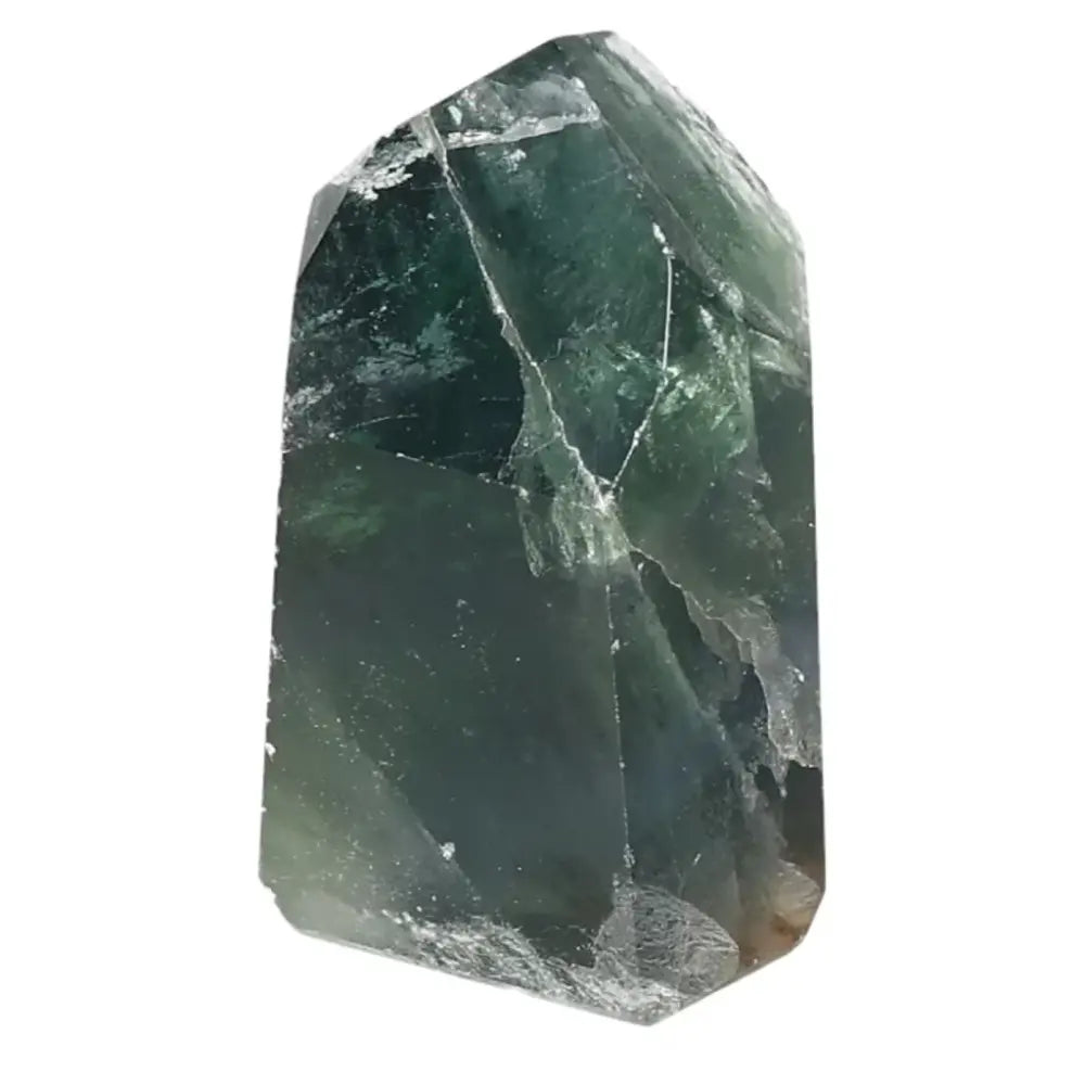 Vibrant fluorite point for mental clarity, focus, and energy flow with green and purple bands for balance and intuition enhancement.