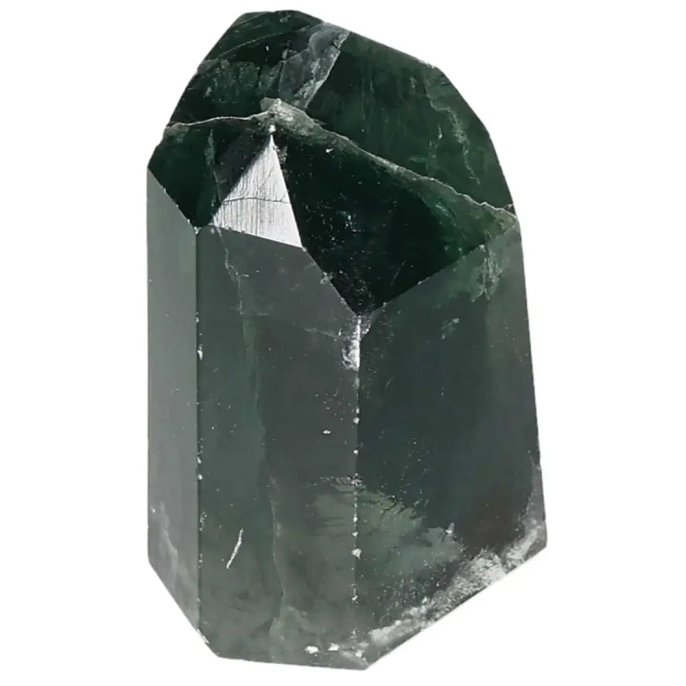 Polished fluorite point crystal for mental clarity and energy flow, showcasing vibrant green colors and a pointed shape for focus.