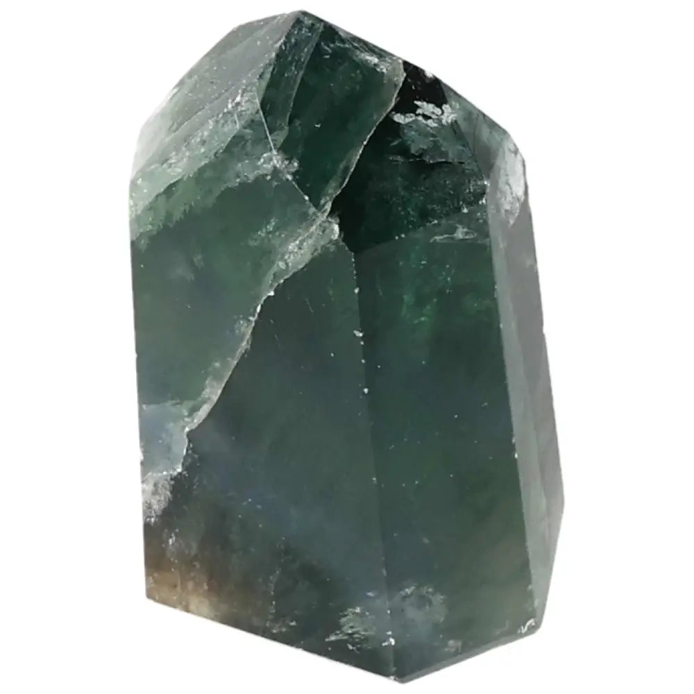 Polished green Fluorite point crystal for mental clarity, focus, and energy flow; enhances concentration with vibrant bands of color.