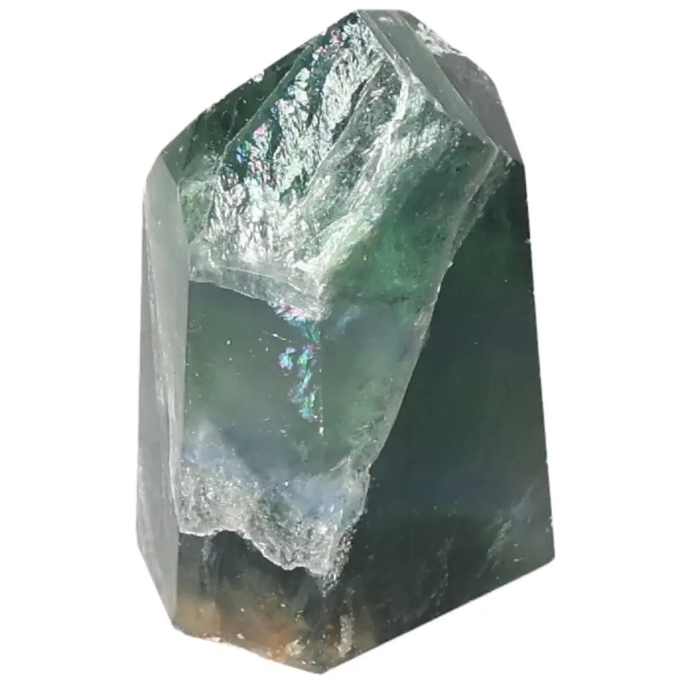 Polished Fluorite point gemstone with vibrant green and purple bands, enhances focus, clarity, and energy flow with pointed shape.