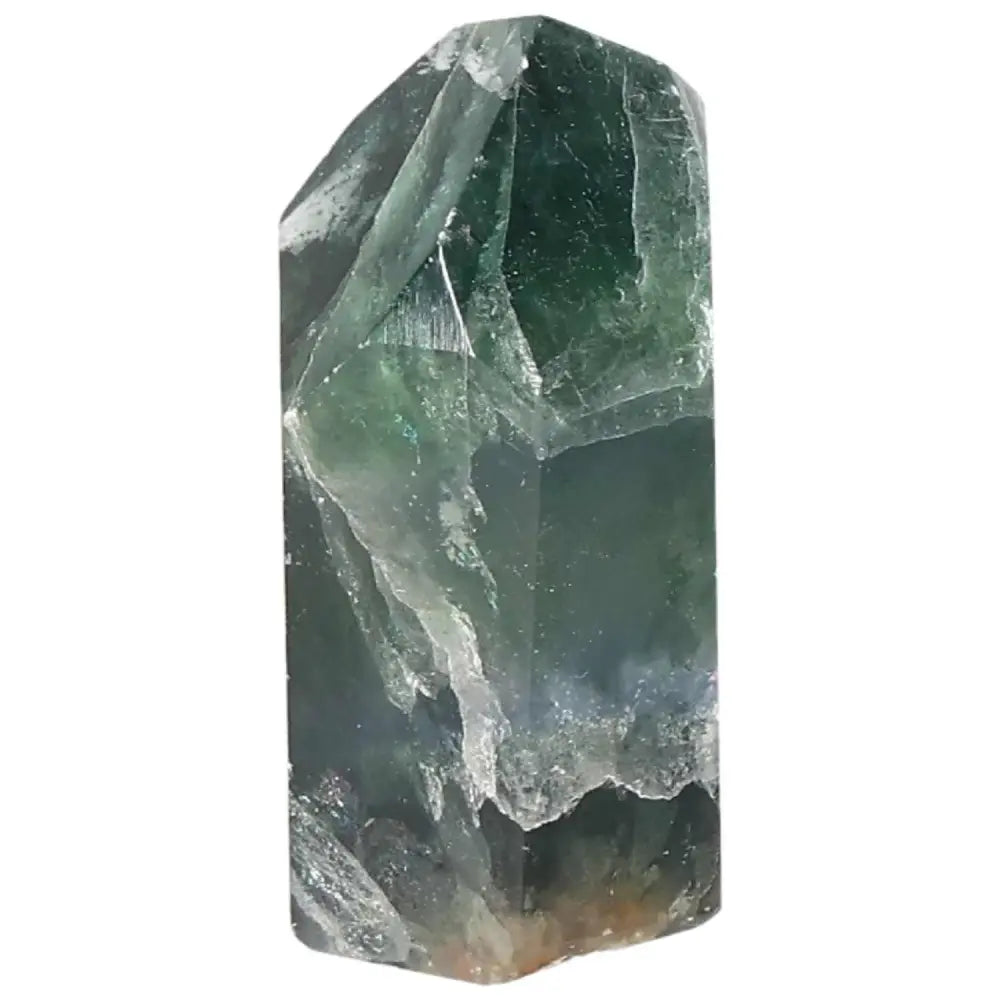 Fluorite Point crystal with green and purple hues for mental clarity, focus, and energy flow; enhances concentration and intuition.