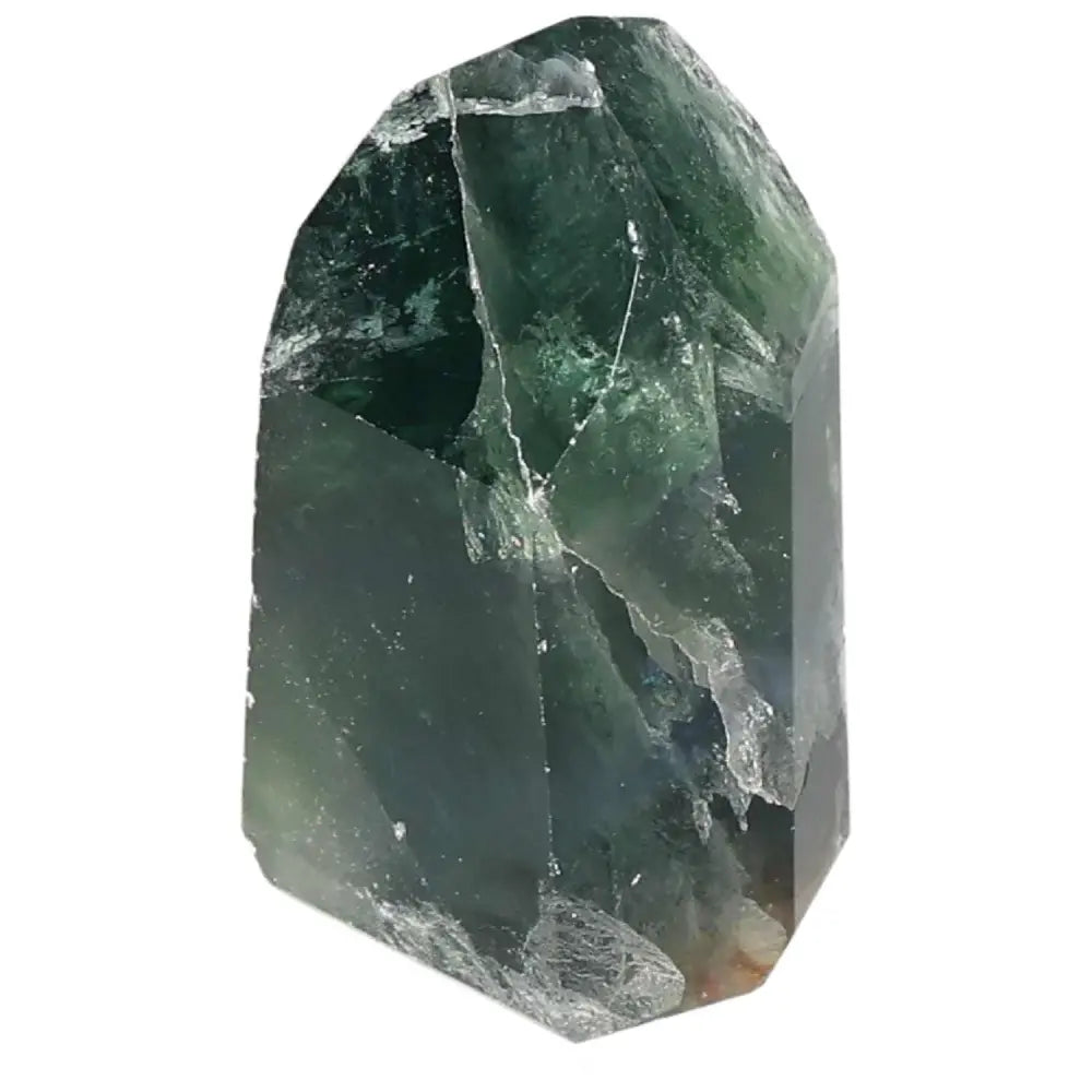 Polished green fluorite point crystal for mental clarity and energy focus, with vibrant bands of color for spiritual balance.