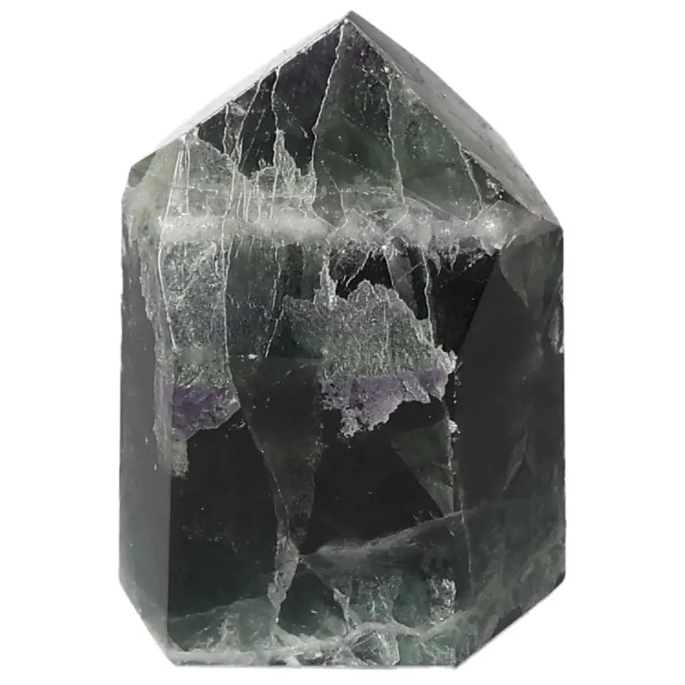 Polished Fluorite point crystal with varying green and purple hues, enhancing focus, clarity, and energy flow for mindfulness.