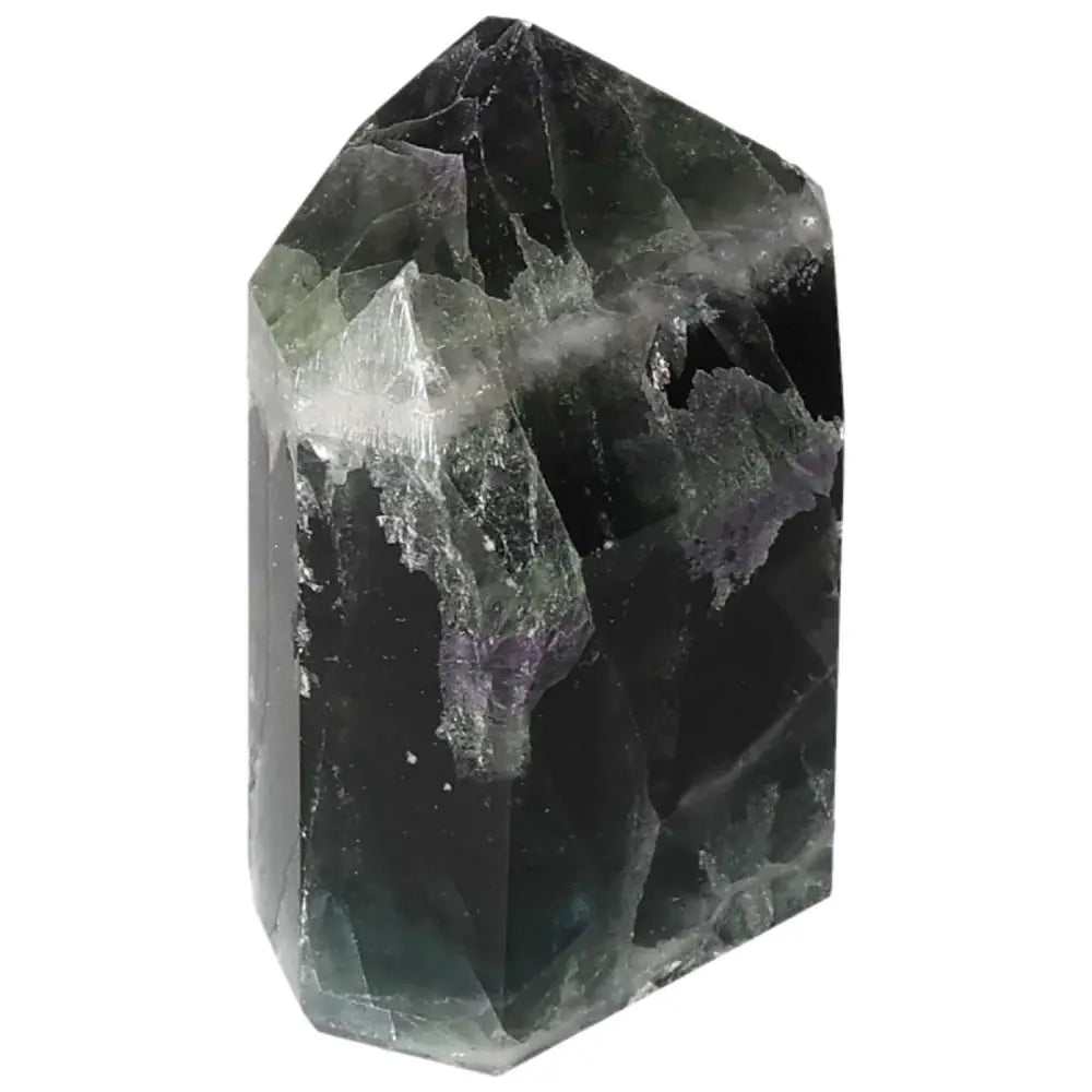 Polished Fluorite point crystal with green and purple hues for focus, clarity, and energy flow enhancement.