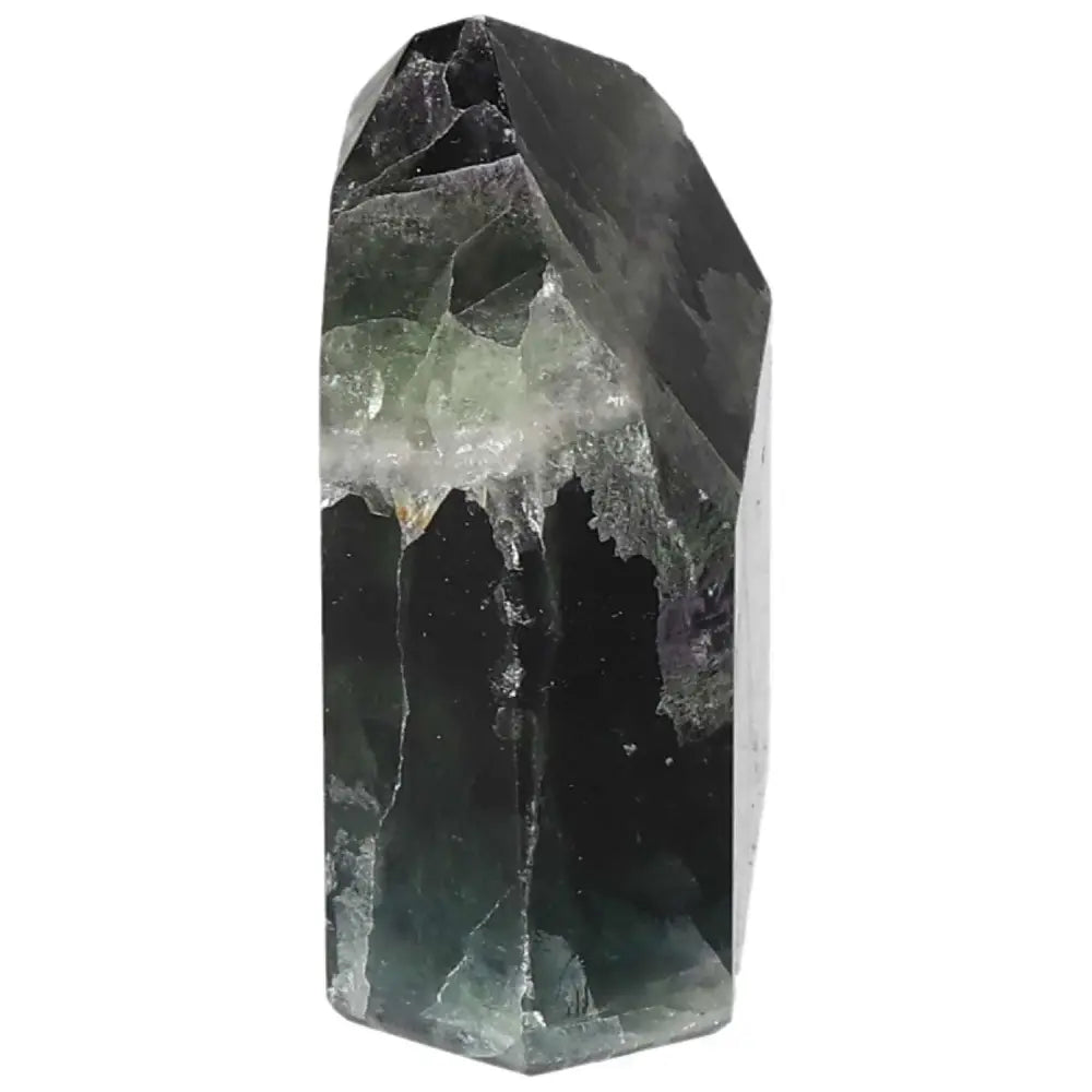 Polished Fluorite point crystal for mental clarity and energy flow, featuring vibrant green and purple bands.