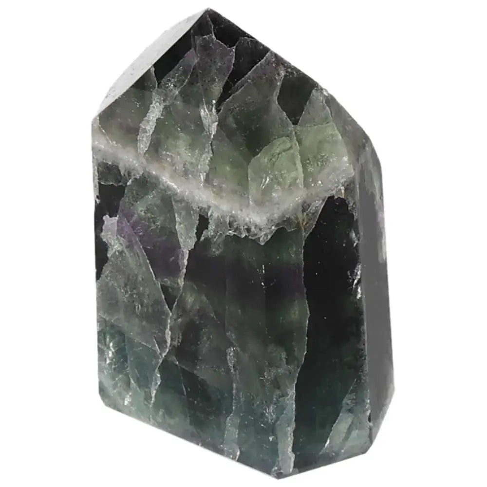 Polished Fluorite point crystal for focus, clarity, and energy flow with vibrant green and purple bands