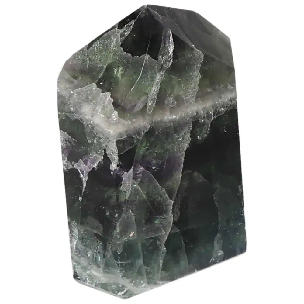 Polished Fluorite point with green and purple bands, enhancing focus, mental clarity, and energy flow for spiritual awareness.