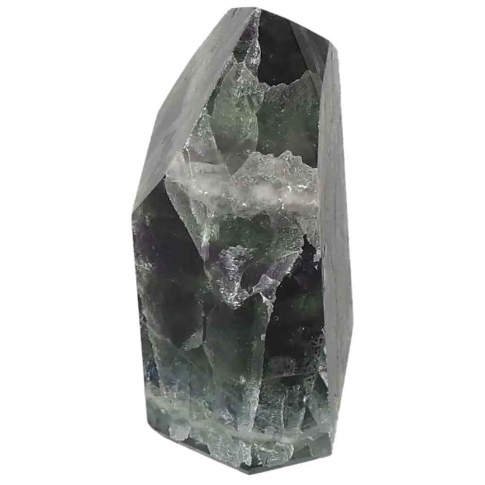 Polished Fluorite point for focus and clarity, featuring vibrant green and purple bands, enhances concentration and energy flow.
