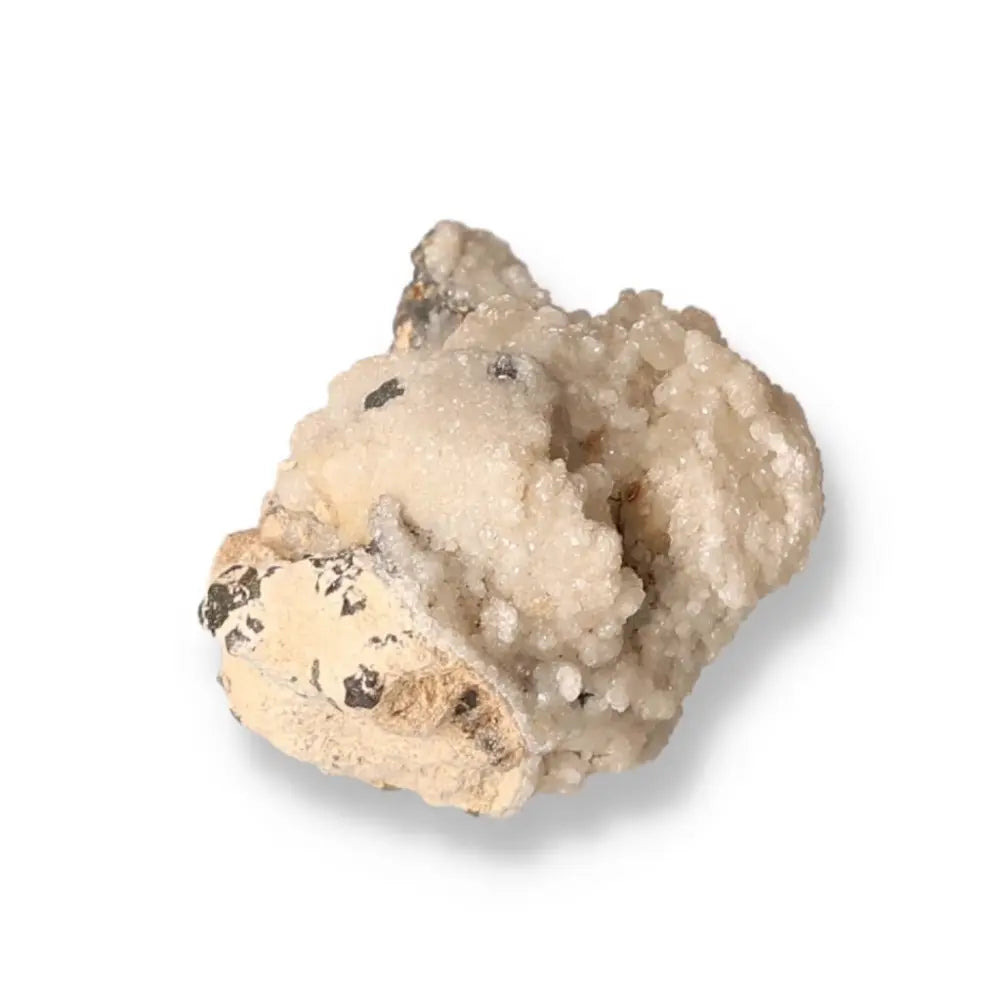 Galena with Calcite mineral specimen showcasing metallic luster and soothing beauty on white background.