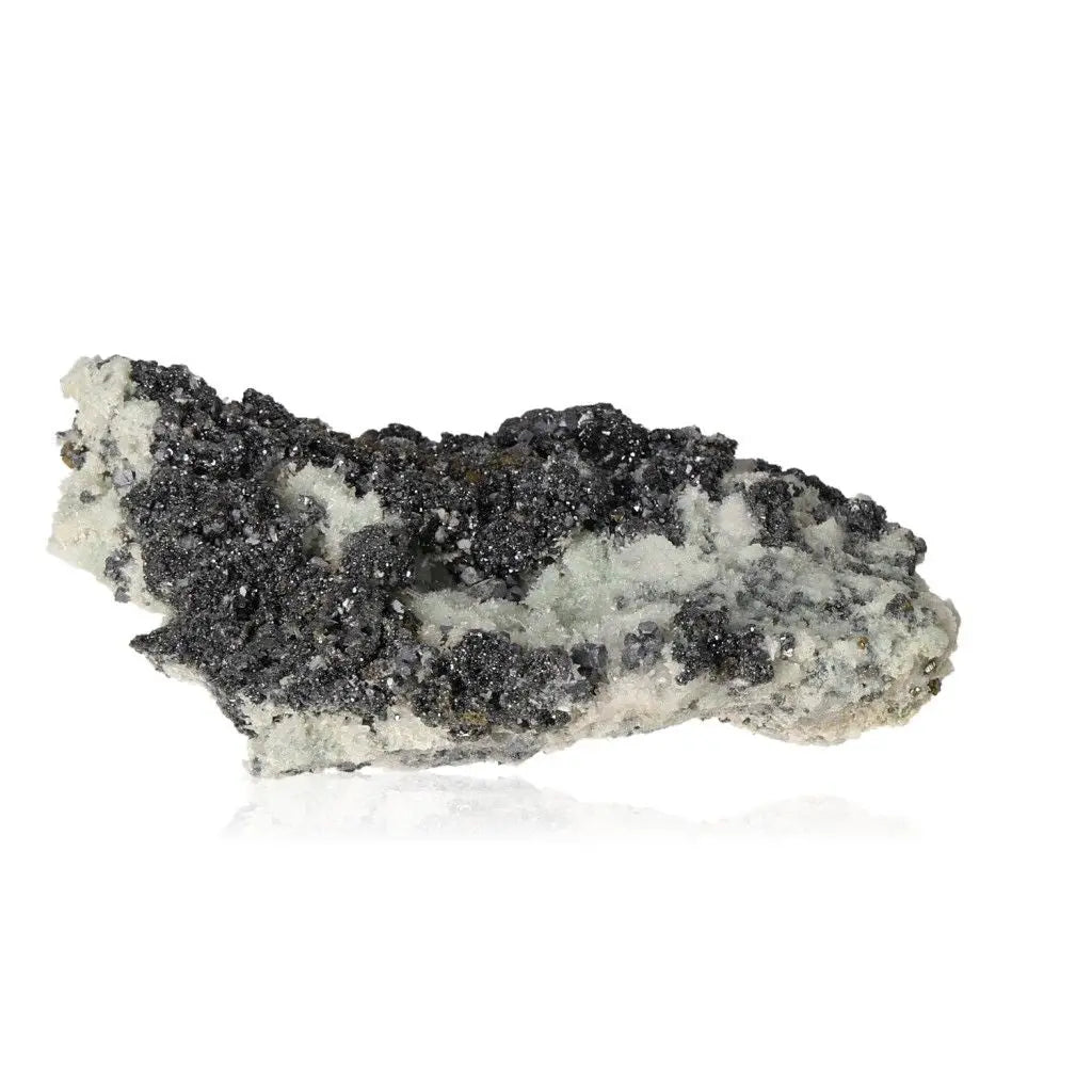 Galena with Quartz mineral specimen showcasing metallic sheen, ideal for enhancing focus and aligning chakras, against white background.