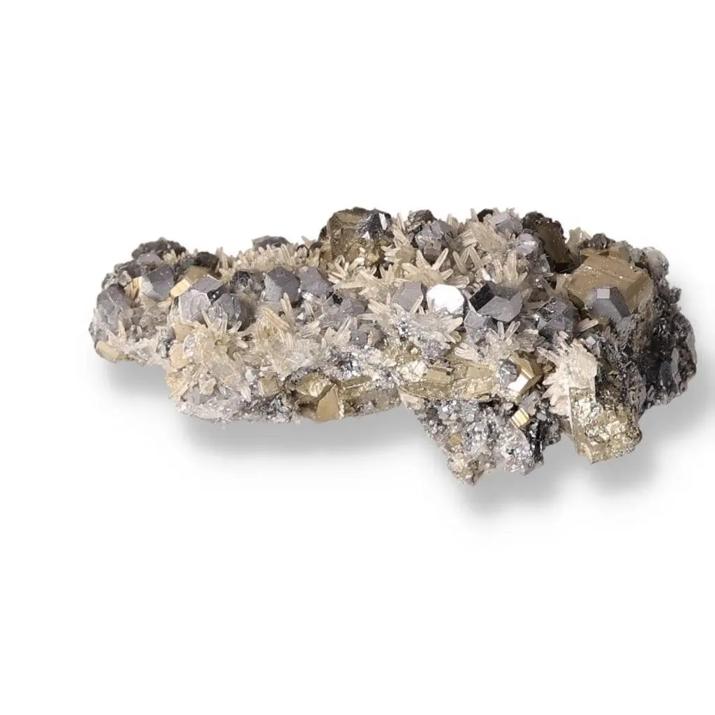 Galena with Quartz and Chalcopyrite mineral cluster showcasing stunning transformation and spiritual grounding properties.
