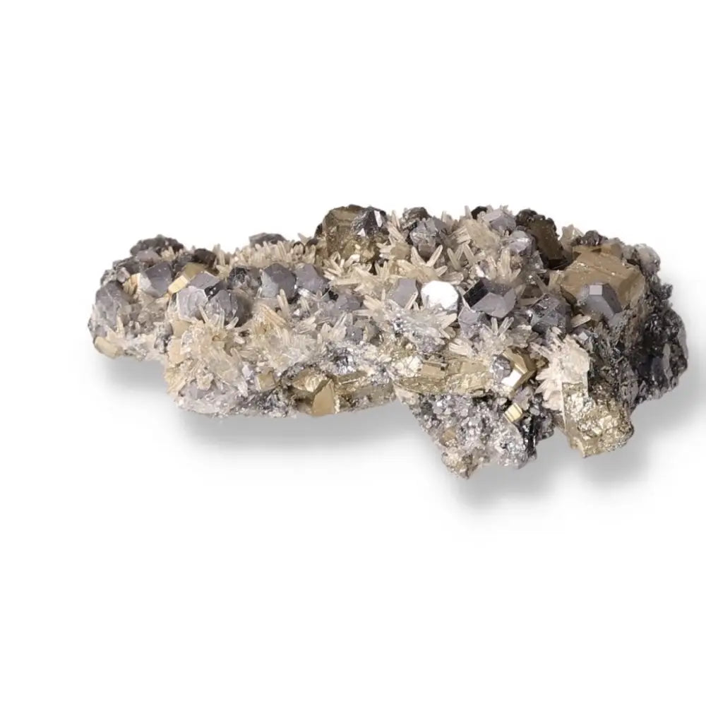 Galena with Quartz and Chalcopyrite mineral, showcasing transformative energy and unique beauty for spiritual harmony and grounding.