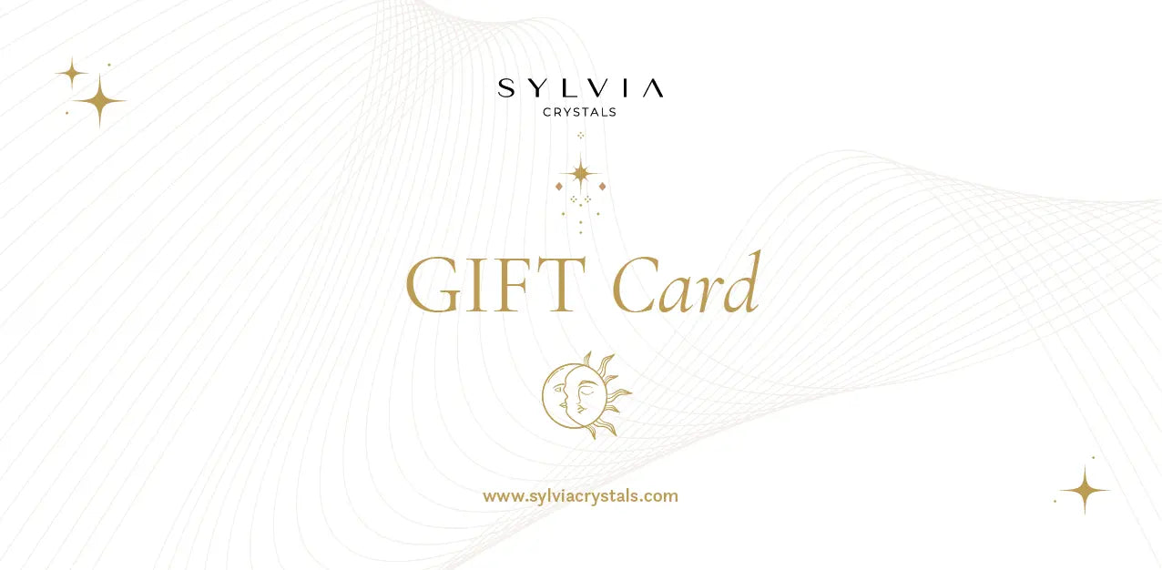Sylvia Crystals Gift Card featuring elegant design elements and celestial symbols, offering the gift of energy and beauty.