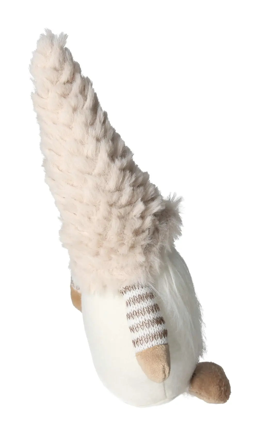 Beige textile gnome by Sylvia Crystals, featuring fluffy hat and striped sleeves; a blend of elegance and mindfulness.