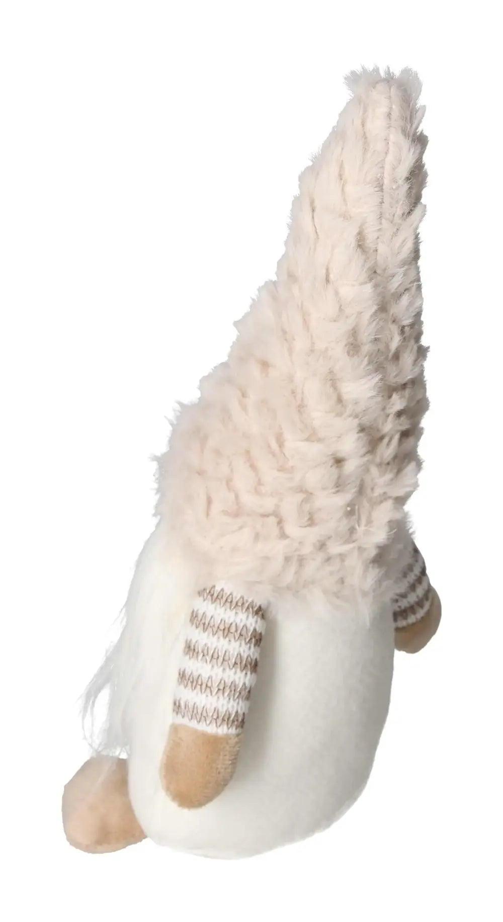 Beige textile gnome with knitted hat, featuring elegant design from Sylvia Crystals, embodying luxury and mindfulness.