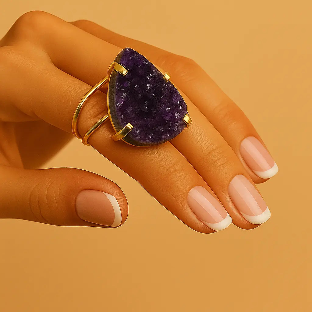 Gold Drop Ring with Amethyst – Serenity and Spiritual Elegance Sylvia Crystals Sp. z o.o.