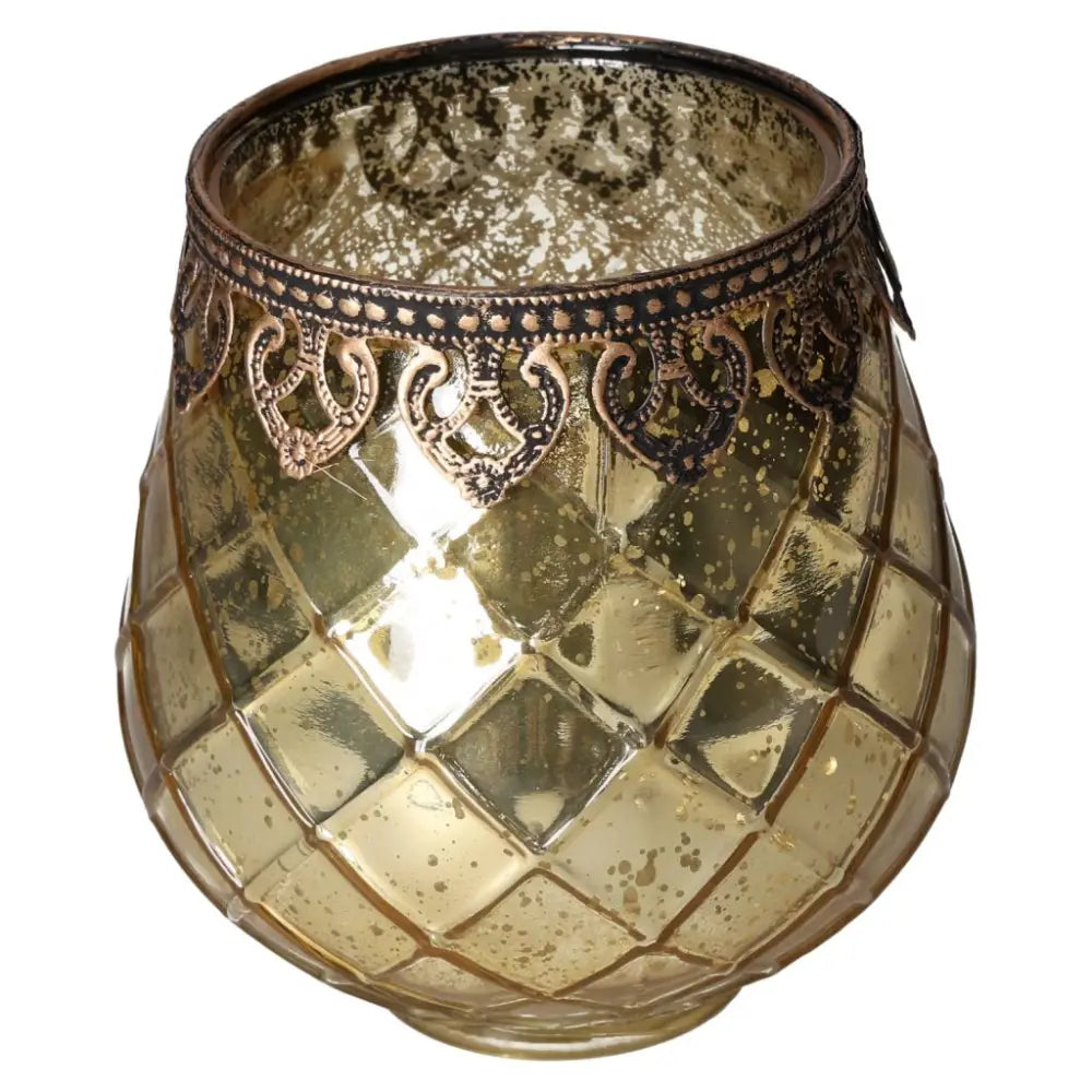 Elegant Gold Glass Lantern with intricate design from Sylvia Crystals, perfect for enhancing luxury and spiritual ambiance in any space.