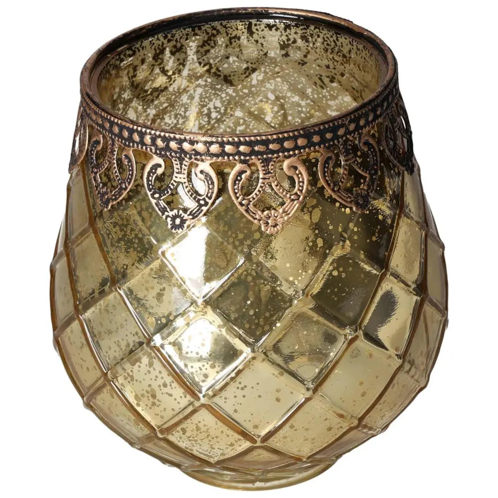 Gold Glass Lantern with intricate patterns by Sylvia Crystals, showcasing elegance and spiritual harmony for conscious luxury living.
